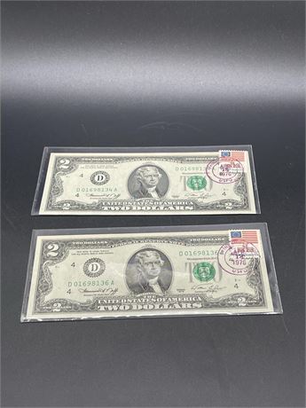 Two (2) 1976 $2 Federal Reserve Note 1st Day of Issue with Stamp
