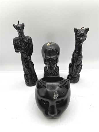 Black Wax Candles and Cat Face Ceramic Candle Holder