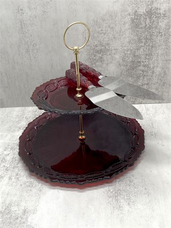 Avon Cranberry Glass Two-Tier Dessert Tray