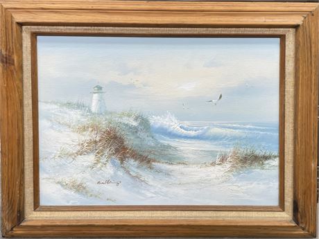 Signed Lighthouse Painting on Canvas