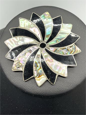 Sterling, Onyx and Mother of Pearl Pin