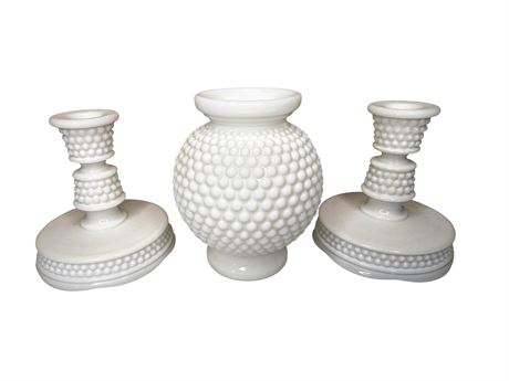 Milk Glass Hobnail Vase and Candlestick Holders