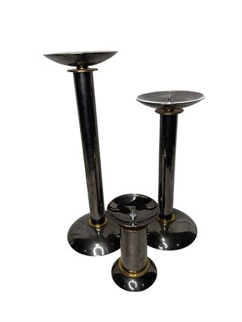 1980s Karl Springer Gunmetal and Brass Candle Holder Pillars