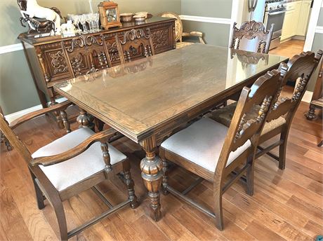 Jacobean Style Wood Dining Table and Chairs