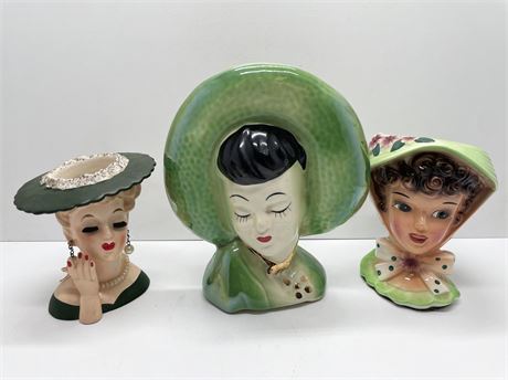 Three (3) Green Lady Head Vases