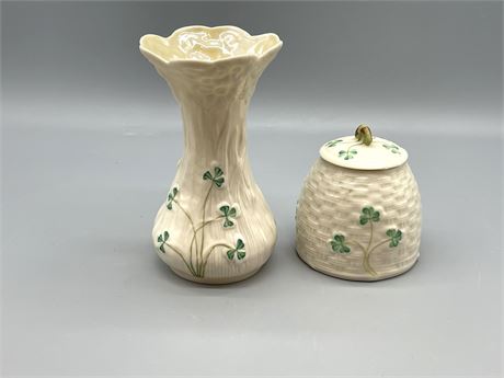 Belleek Vase and Honey Pot