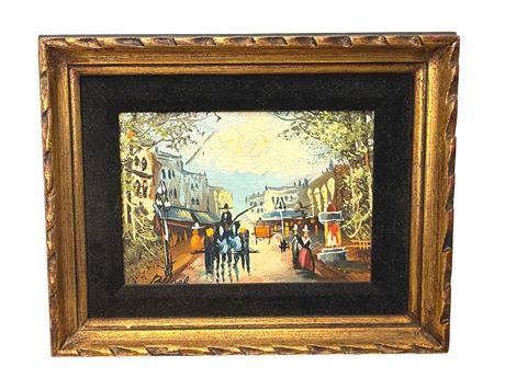 Midcentury Abstract Street Scene Painting w/ Wood Frame