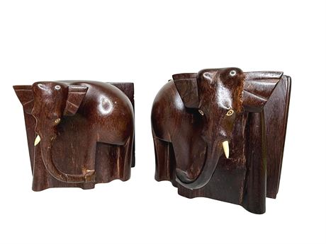 Carved Wood Elephant Bookends