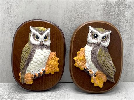 Vintage Homco Ceramic Owls on Wood Plaques