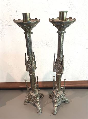 Antique Ornate Gothic Brass Church Altar Candlesticks