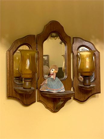 Vintage MCM Tri-Fold Wood Wall Mirror Shelf Glass Sconce Candle Holder