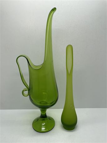 Green Glass Pitcher and Vase