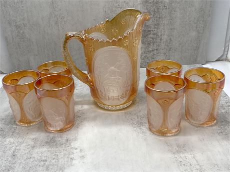 Vintage Imperial Glass Frosted Marigold Windmill Pitcher Set