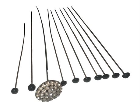 1 Rhinestone & 9 Black Glass Antique Hat Pins