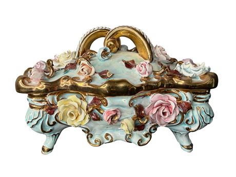 Italian Hand Painted Ceramic Footed Lidded Dish
