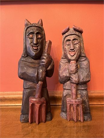 Carved Wood Devil with Pitchfork Figural Statues (signed)