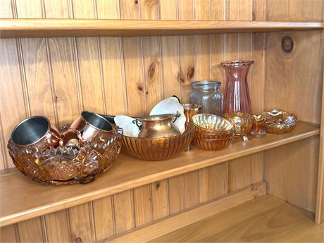 Carnival Glass and Copper Decoratives