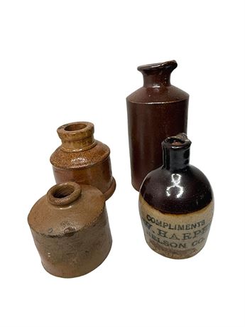 Antique Stoneware Ink Wells and Bourbon Jug