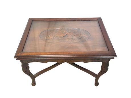 Antique Carved Wood Glass Tray Top Cocktail Table