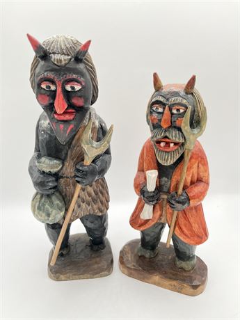 Hand Carved Wood Devils with Pitchforks