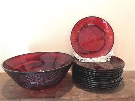 Ruby Red Glass Cut Bowl and Dish Set