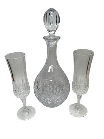 Crystal Decanter w/ Stopper and Two (2) Champagne Flutes