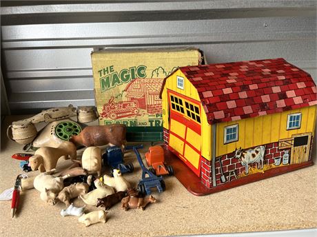 Marx Tin Barn Toy w/ Assorted Toys