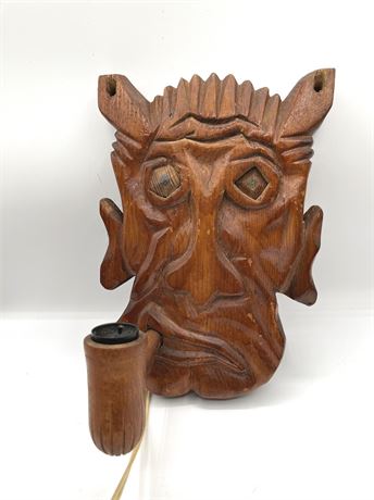 Hand Carved Wood Face with Pipe Plug-in Wall Light