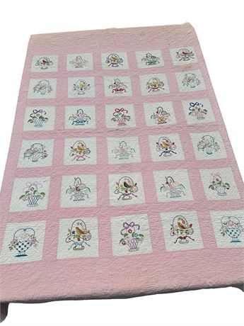Old Quilt with Embroidered Baskets, Flowers and Birds as Found