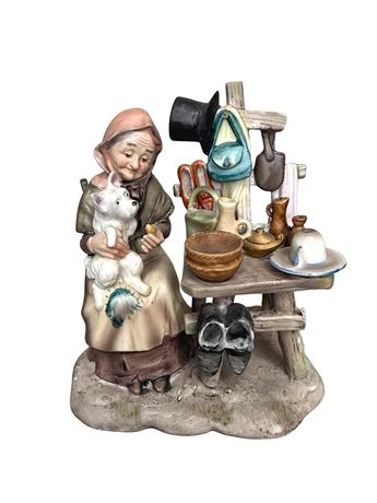Lefton Porcelain Figure Poor Old Lady Feeding Dog in Kitchen