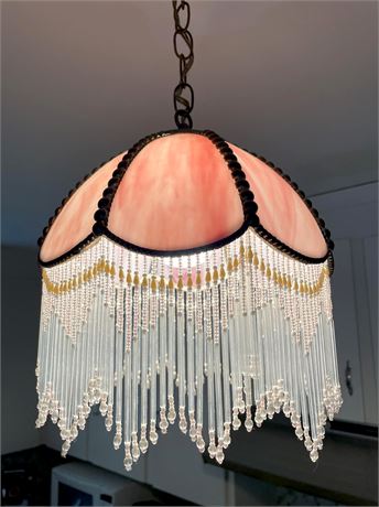 12" Meyda Tiffany Pink Glass Ceiling Shade w/ Glass Bead Fringe
