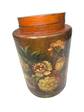 Early 20th Century Tole Hand-Painted Lacquered Wood Floral Canister