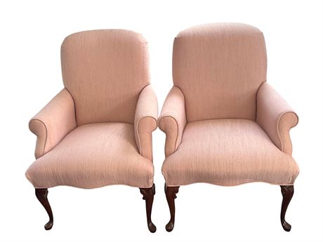 Queen Anne Style Pink Upholstered Arm Chairs