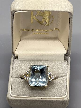 Aquamarine & Diamond Ring - 14KT Yellow