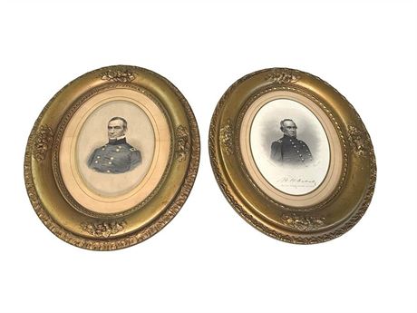 Antique Civil War Portrait Engravings in Convex Glass Oval Wood Frames