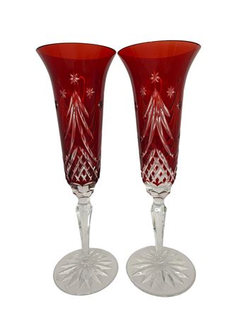 Waterford Crystal Merry Christmas Ruby Red Champagne Flutes