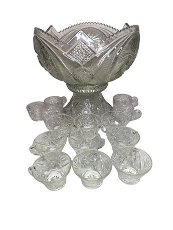 L.E. Smith "Aztec" Pattern Punch Bowl w/ Cups