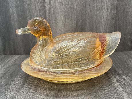 Tiffin Glass Amber Duck on Nest