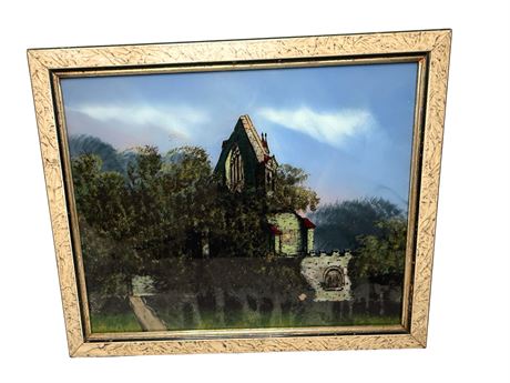 Reverse Oil Painted Church or Cottage Scene on Glass
