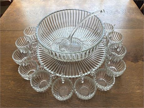 Vintage Ribbed Glass Punch Bowl Set