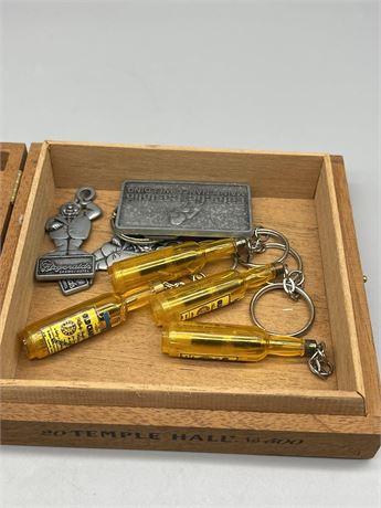 Cigar Box of Keychains & Belt Buckle