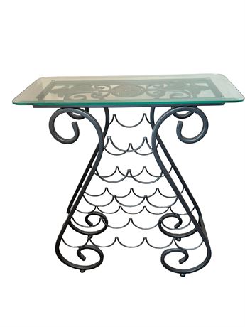 Wrought Iron Metal Wine Rack Side Table w/ Glass Top