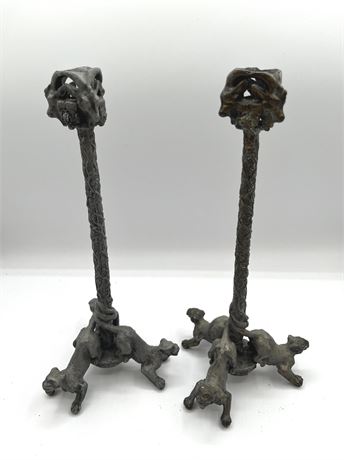 Bronze Goat Head and Panther Candlesticks