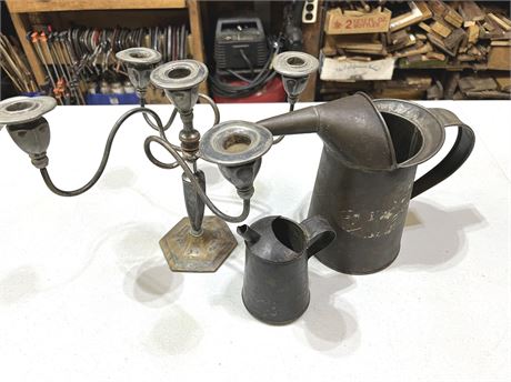 Metal Candelabra and Oil Cans