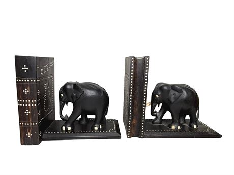 Carved Ebony Wood Elephant Bookends