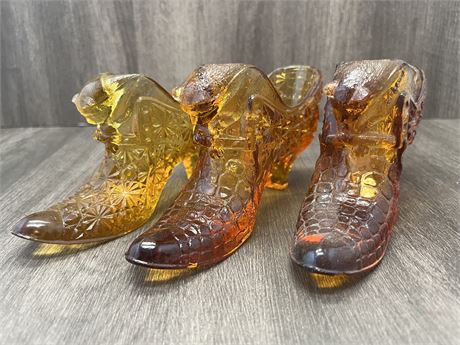 Three (3) Fenton Amber Glass Shoes