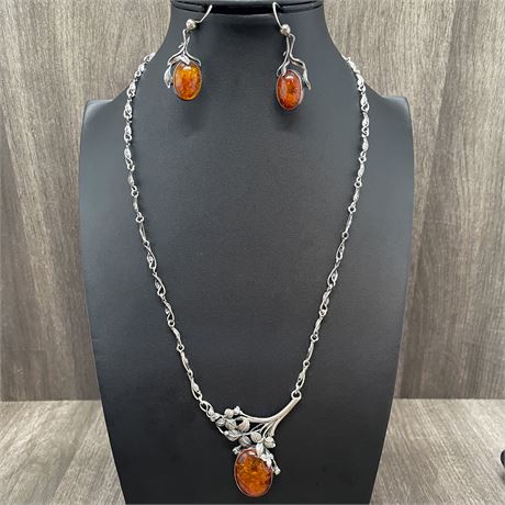 Amber Sterling Silver Necklace and Earrings