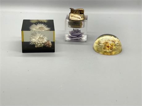 Lucite Paperweights and Lighter
