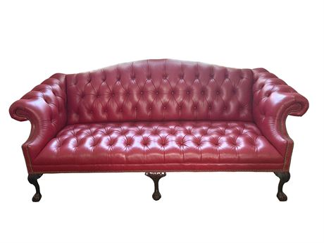 Wellington Red Leather Camelback Claw Foot Sofa