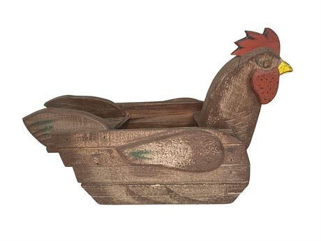 Rustic Wood Rooster Planter Signed
